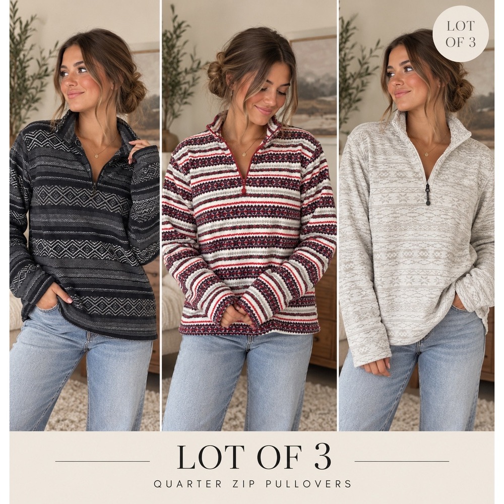Eddie Bauer Womens Quarter Zip Fleece Pullover Lot of 3 Fair Isle Geometric M